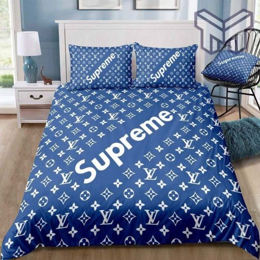 Louis Vuitton Supreme Blue Luxury Premium Bedding Set Home Decor