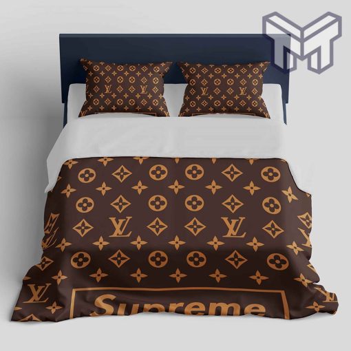 Louis Vuitton Supreme Brown Logo Fashion Luxury Brand Bedding Set Home Decor