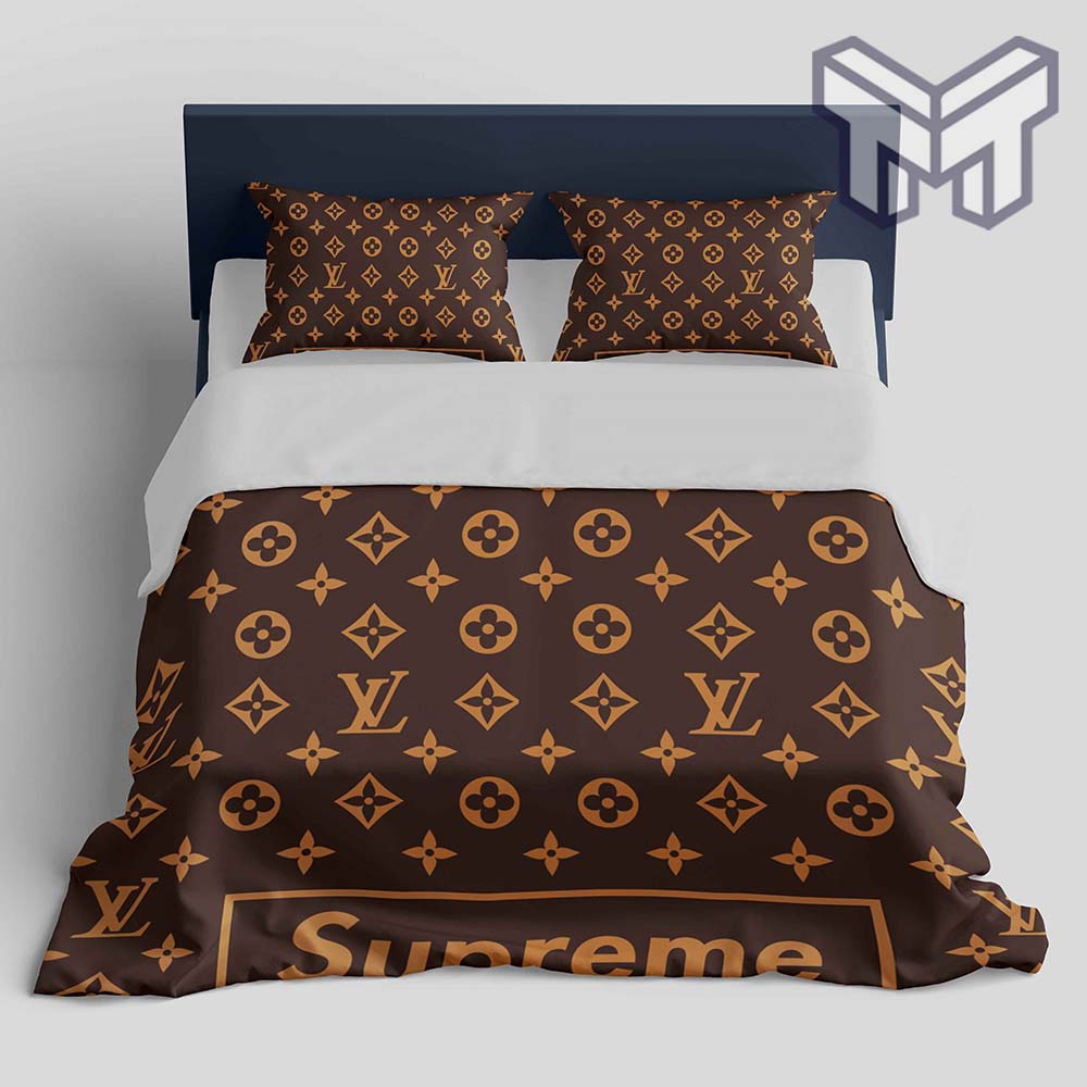 Louis Vuitton Supreme Light Yellow Luxury Brand Logo Premium Bedding Set  Home Decor