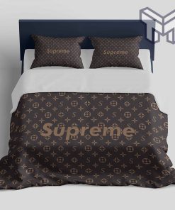 Louis Vuitton Supreme Brown Logo Fashion Luxury Brand Premium Bedding Set Home Decor