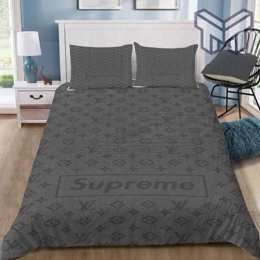 Louis Vuitton Supreme Grey Luxury Brand Logo Premium Bedding Set Home Decor