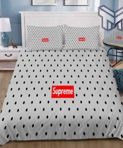 Louis Vuitton Supreme Light Grey Luxury Brand Logo Premium Bedding Set Home Decor