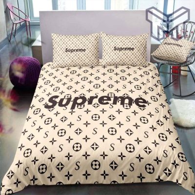 Louis Vuitton Supreme Light Yellow Luxury Brand Logo Premium Bedding Set Home Decor