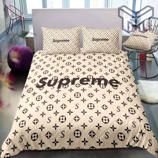 Louis Vuitton Supreme Light Yellow Luxury Brand Logo Premium Bedding Set Home Decor