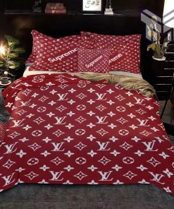 Louis Vuitton Supreme Red Fashion Logo Luxury Brand Premium Bedding Set Home Decor