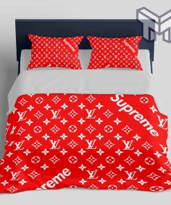 Louis Vuitton Supreme Red Logo Fashion Luxury Brand Bedding Set Home Decor