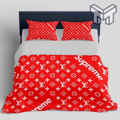 Louis Vuitton Supreme Red Logo Fashion Luxury Brand Bedding Set Home Decor