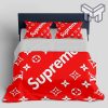 Louis Vuitton Supreme Red Logo Fashion Luxury Brand Premium Bedding Set Home Decor