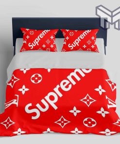 Louis Vuitton Supreme Red Logo Fashion Luxury Brand Premium Bedding Set Home Decor