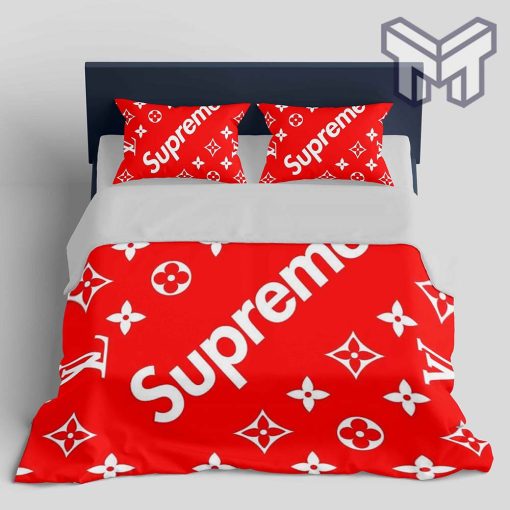 Louis Vuitton Supreme Red Logo Fashion Luxury Brand Premium Bedding Set Home Decor