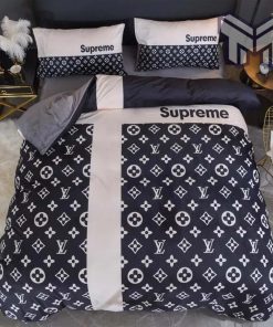 Louis Vuitton Supreme White Logo Black Luxury Brand Premium Bedding Set Duvet Cover Home Decor