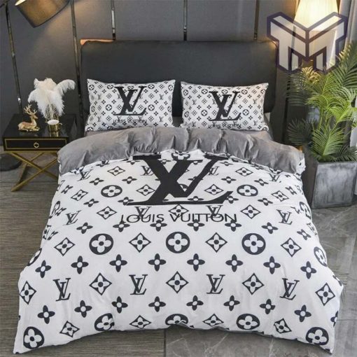 Louis Vuitton White Black Logo Brand Bedding Set Bedspread Duvet Cover Set Home Decor