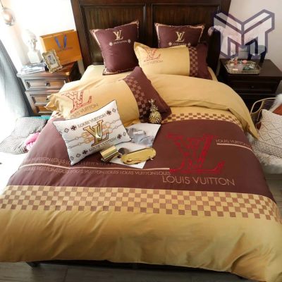 Louis Vuitton Yellow Brown Luxury Brand Premium Bedding Set Duvet Cover Home Decor