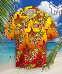 Marlins Hibiscus Tropical Hawaiian Graphic Print Short Sleeve Hawaiian Shirt