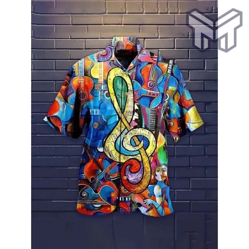 Musical Note Guitar Hawaiian Graphic Print Short Sleeve Hawaiian Shirt