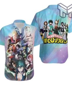 My Hero Academia All Main Characters Blue Hawaiian Graphic Print Short Sleeve Hawaiian Shirt