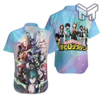 My Hero Academia All Main Characters Blue Hawaiian Graphic Print Short Sleeve Hawaiian Shirt