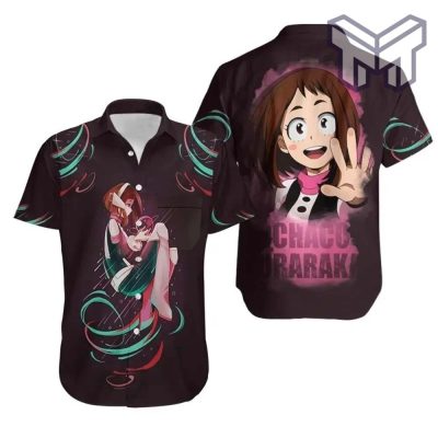 My Hero Academia Ochako Uraraka Pink Black Hawaiian Graphic Print Short Sleeve Hawaiian Shirt