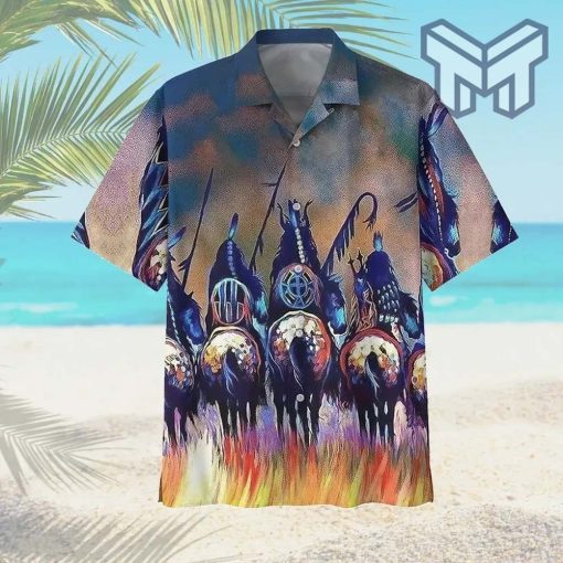 Native American Horse Hawaiian Graphic Print Short Sleeve Hawaiian Casual Shirt