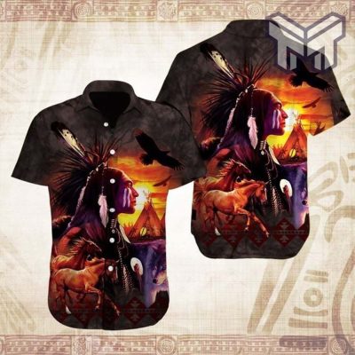 Native Animal American Hawaiian Graphic Print Short Sleeve Hawaiian Casual Shirt