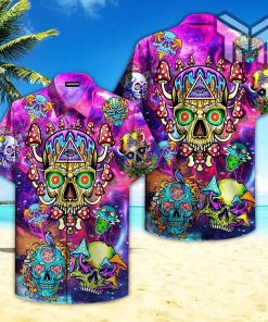 Psychedelic Skull Mushroom Hippie Hawaiian Graphic Print Short Sleeve Hawaiian Shirt