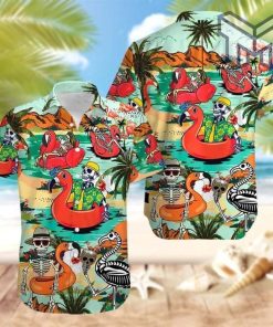 Skull and Flamingo In Hawaii Hawaiian Graphic Print Short Sleeve Hawaiian Casual Shirt