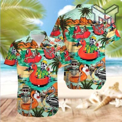 Skull and Flamingo In Hawaii Hawaiian Graphic Print Short Sleeve Hawaiian Casual Shirt