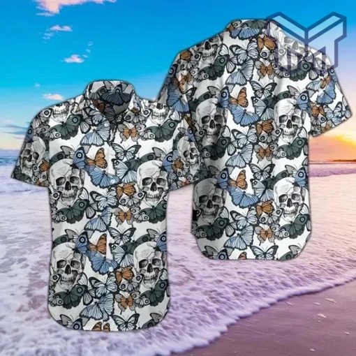 Skulls And Butterflies Hawaiian Graphic Print Short Sleeve Hawaiian Casual Shirt