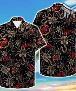 Slayer Alien Face Hawaiian Graphic Print Short Sleeve Hawaiian Casual Shirt