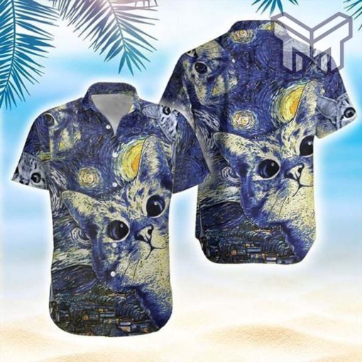 Starry Cats Hawaiian Graphic Print Short Sleeve Hawaiian Casual Shirt