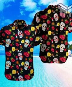 Sugar Skull With Rose Hawaiian Graphic Print Short Sleeve Hawaiian Casual Shirt