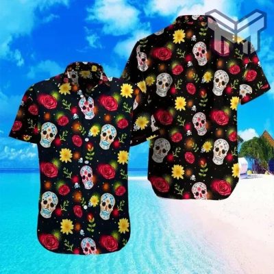 Sugar Skull With Rose Hawaiian Graphic Print Short Sleeve Hawaiian Casual Shirt