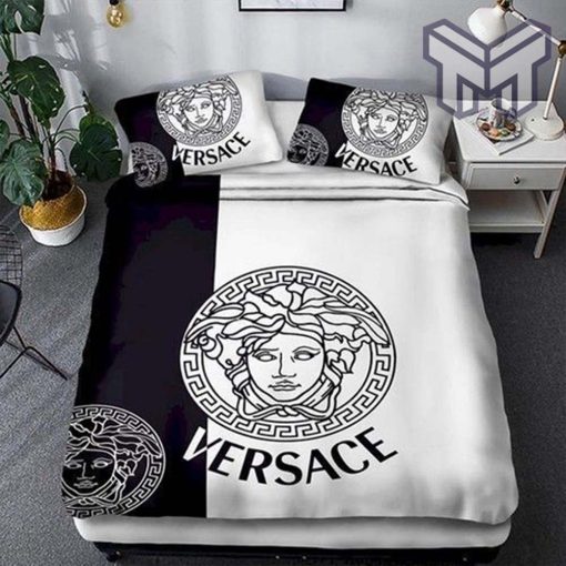 Versace Black White Fashion Logo Luxury Brand Bedding Set Home Decor