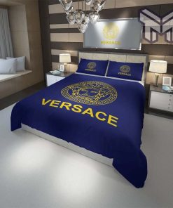 Versace Blue Golden Fashion Luxury Brand Premium Bedding Set Home Decor