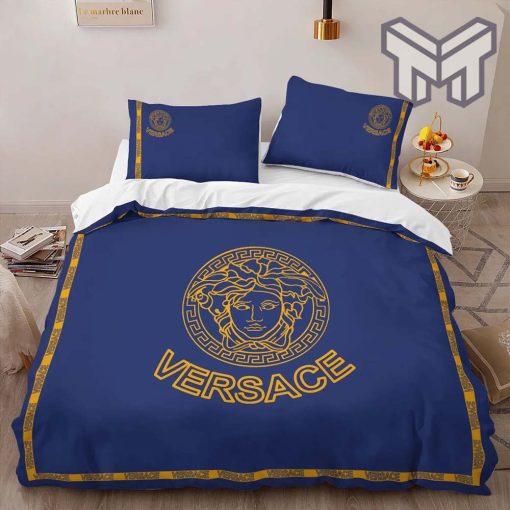 Versace Blue Luxury Brand Logo High-End Bedding Set LV Home Decor