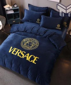 Versace Deep Blue Fashion Logo Luxury Brand Bedding Set Home Decor