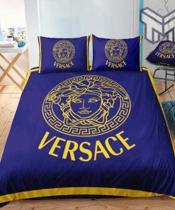 Versace Golden Logo Blue Luxury Brand Bedding Set Duvet Cover Home Decor