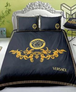 Versace Medusa Golden Pattern Black Luxury Brand Bedding Set Duvet Cover Home Decor
