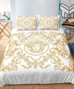 Versace Medusa Golden Pattern White Luxury Brand Bedding Set Duvet Cover Home Decor