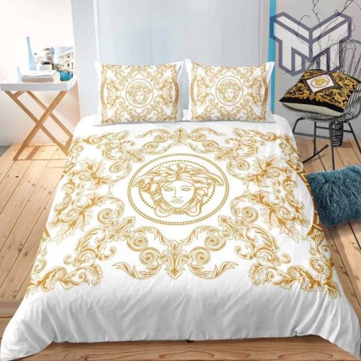 Versace Medusa Golden Pattern White Luxury Brand Bedding Set Duvet Cover Home Decor