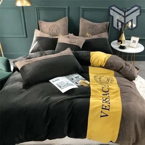 Versace Medusa Yellow Brown Black Luxury Brand Premium Bedding Set Bedspread Duvet Cover Set Home Decor