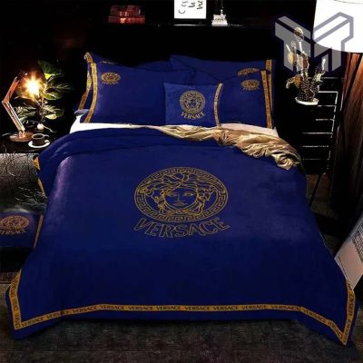 Versace Navy Blue Luxury Brand Bedding Set Bedspread Duvet Cover Set Home Decor