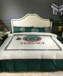Versace White Green Fashion Logo Luxury Brand Bedding Set Home Decor