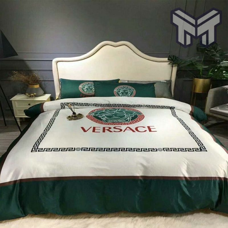 Versace White Green Fashion Logo Luxury Brand Bedding Set Home Decor