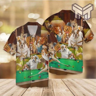 Vintage Dogs Playing Pool Hawaiian Graphic Print Short Sleeve Hawaiian Shirt