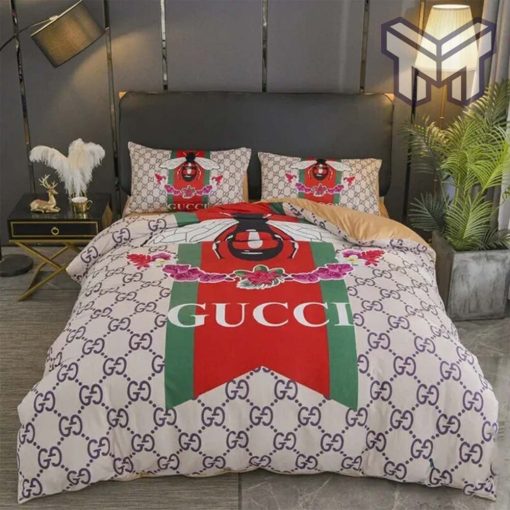 Gucci Bedding Set, Gucci Bee Floral Luxury Brand Bedding Set Bedspread Duvet Cover Set Home Decor