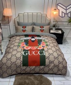 Gucci Bedding Set, Gucci Bee Flower GC Luxury Brand HighEnd Bedding Set Home Decor