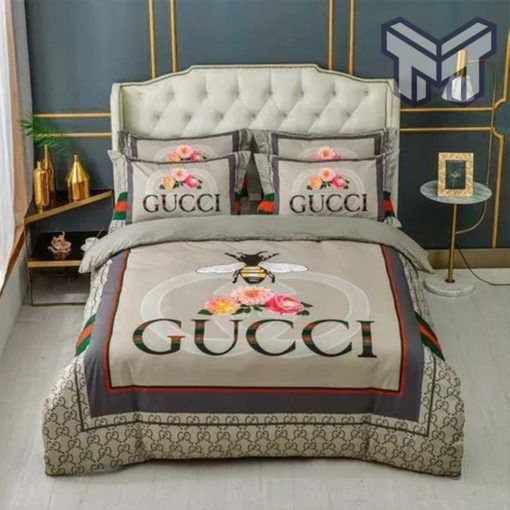 Gucci Bedding Set, Gucci Bee Flower Luxury Brand High End Bedding Set Home Decor