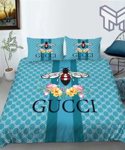 Gucci Bedding Set, Gucci Bee Flowers Blue Luxury Fashion Brand Bedding Set Bedspread Duvet Cover Set