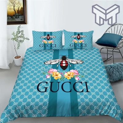 Gucci Bedding Set, Gucci Bee Flowers Blue Luxury Fashion Brand Bedding Set Bedspread Duvet Cover Set